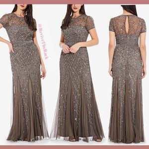 NEW‎ $328 Adrianna Papell Cap Sleeve Beaded Mesh Gown in Lead [Size 8 ]